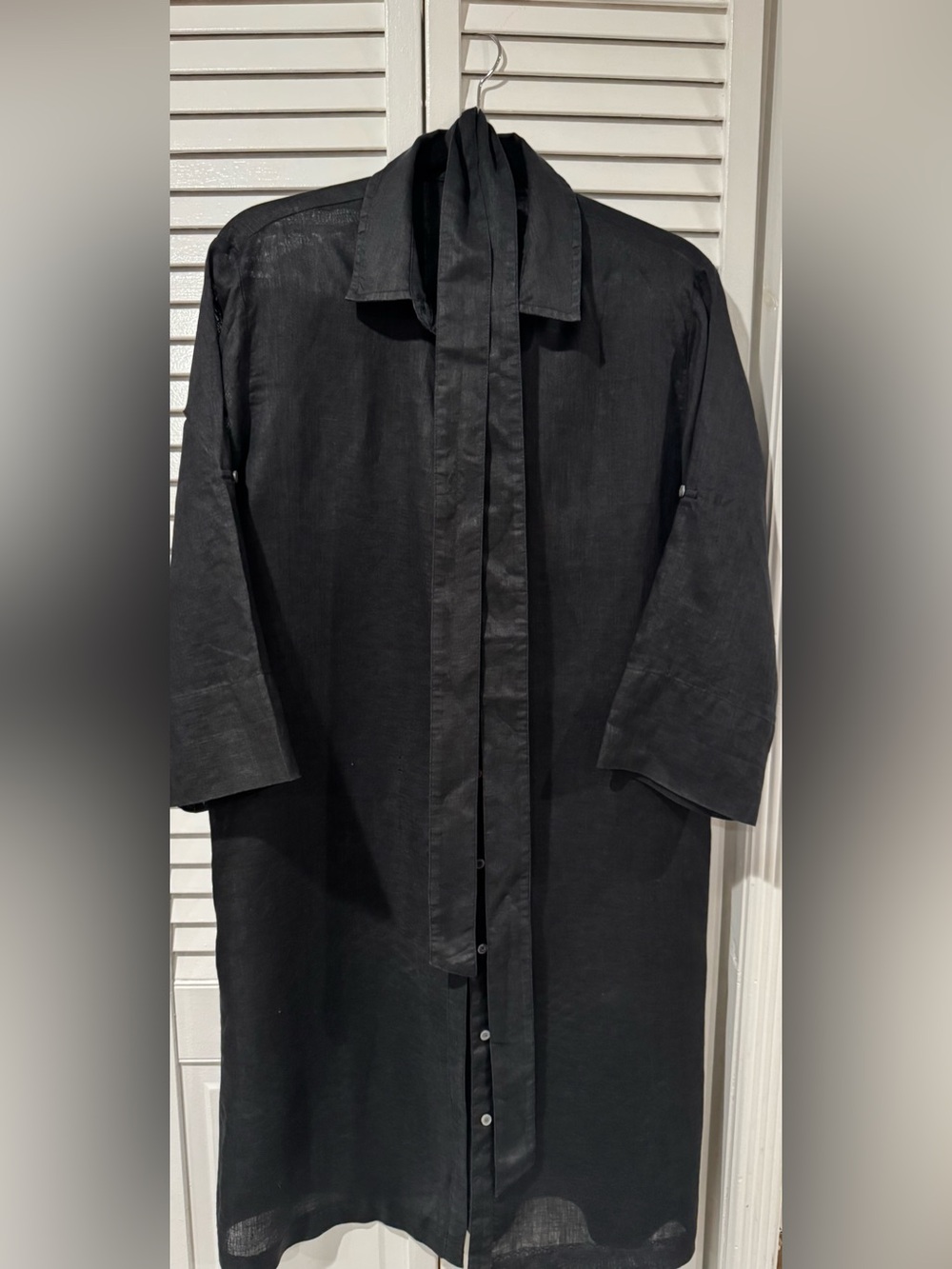 Black Linen Midi Shirt Dress with Removable Tie